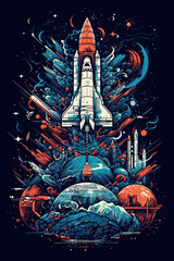 Obraz premium The space rocket flies over the surface of the planet like a moon.