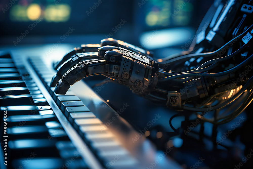 Poster an advanced robotic hand skillfully pressing keys on a laptop keyboard, showcasing exceptional accur
