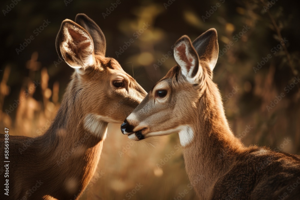 Poster two deer standing side by side in a forest clearing. generative ai