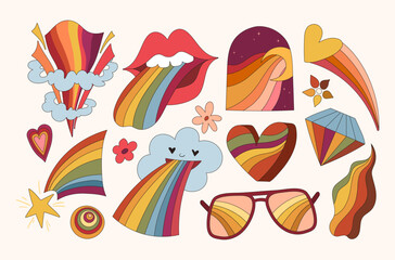 Groovy retro isolated clip art bundle, 70s nostalgia, old fashioned aesthetic, stylized rainbow abstract shapes, diamond, lips, flowers big vector kit