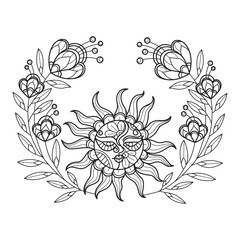 Sun and cute flower hand drawn for adult coloring book