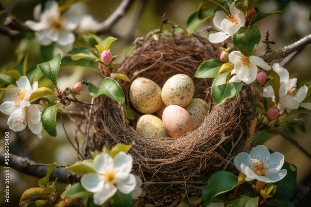 Poster bird nest with four eggs inside. generative ai