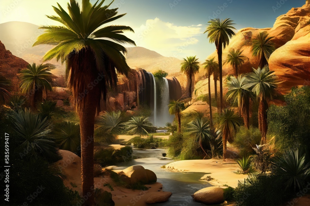 Poster oasis with waterfall and palm trees, surrounded by desert, created with generative ai