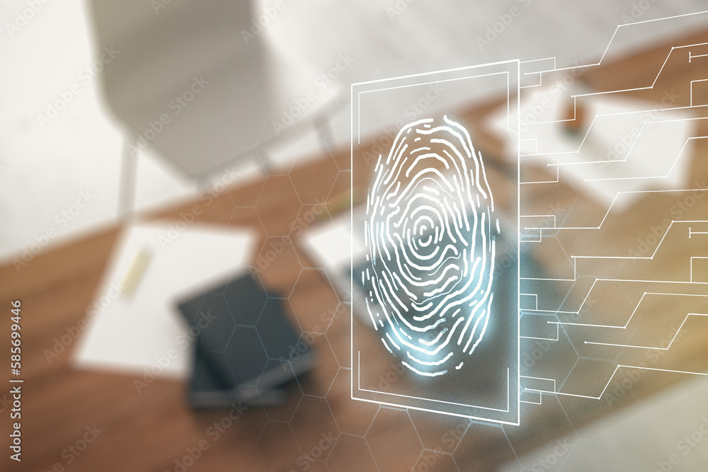 Poster abstract creative fingerprint illustration and modern desktop with pc on background, personal biomet