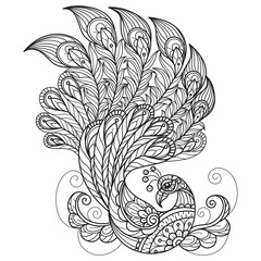 Peacock flying hand drawn for adult coloring book