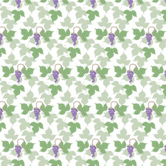White background with grape leaves and bunches. Decorative seamless pattern for wrapping paper, wallpaper, textile, greeting cards and invitations.