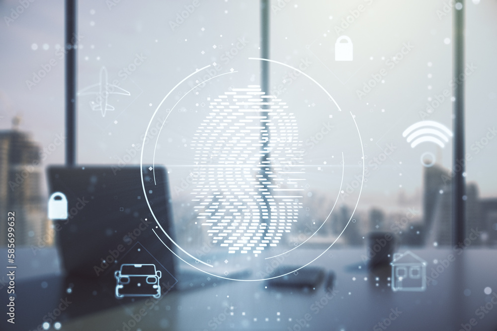 Aufkleber abstract creative fingerprint concept and modern desktop with computer on background. multiexposure