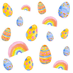 watercolor easter  pattern , eggs and  rainbow