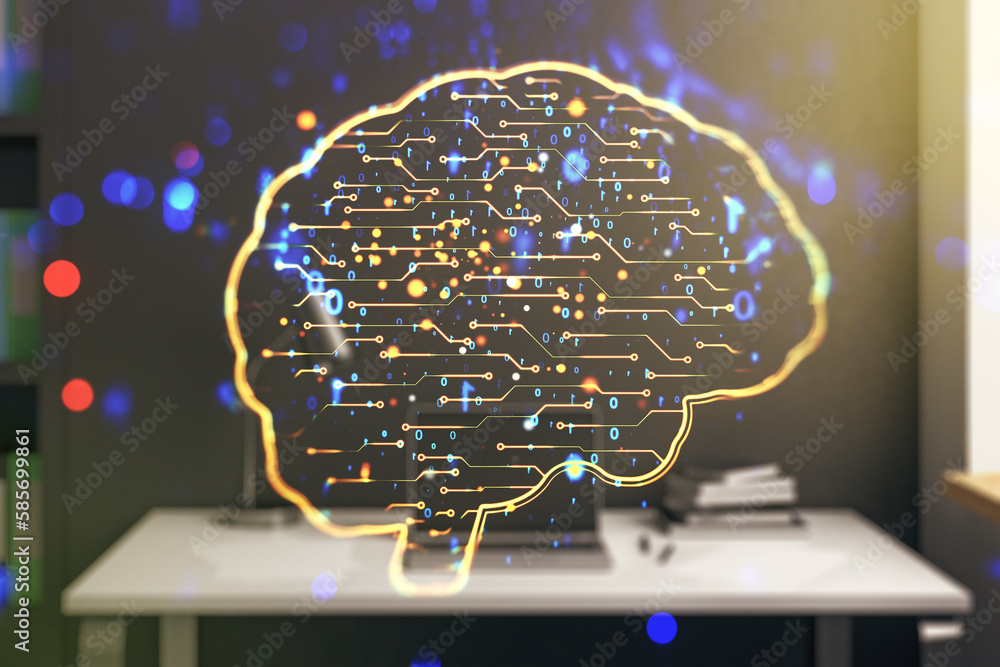 Poster double exposure of creative human brain microcircuit and modern desk with computer on background. fu