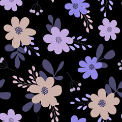 Hand drawn seamless floral pattern with summer flowers on dark background.