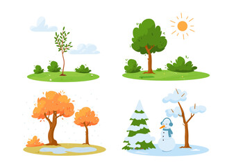 Landscape scenery with trees in four seasons vector illustrations collection.