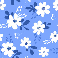 Fototapeta na wymiar Seamless pattern with garden flower, plants, and leaves. Cute background with flowers.