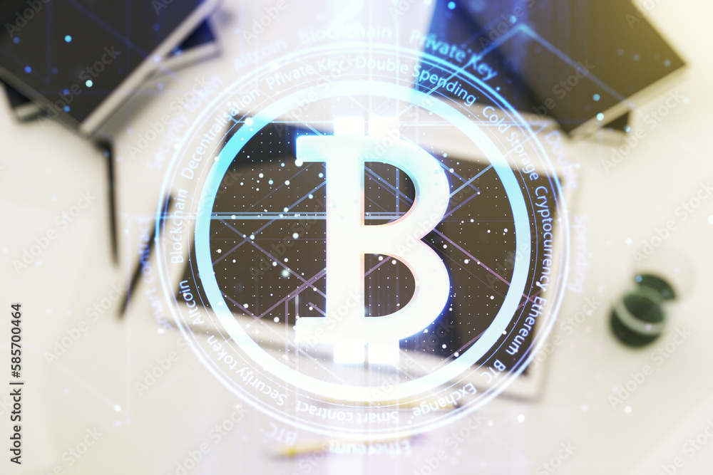 Poster double exposure of creative bitcoin symbol hologram and modern digital tablet on background. mining 