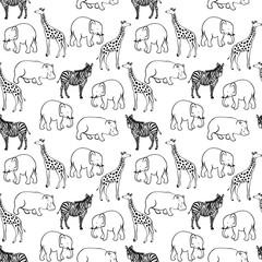 Sketch animal pattern. African, asian fauna background. Elephant, hippo zebra giraffe vector seamless texture.