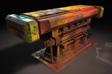 modern and colorful wooden bench on a sleek metal stand. Generative AI