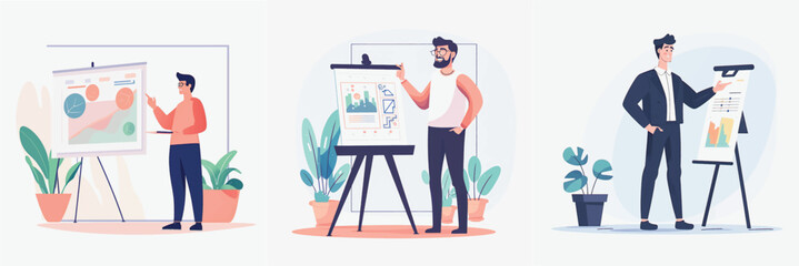 Simplified Flat Vector Art Image of a Man Presenting in Office with a White Background, Bundled for Your Convenience