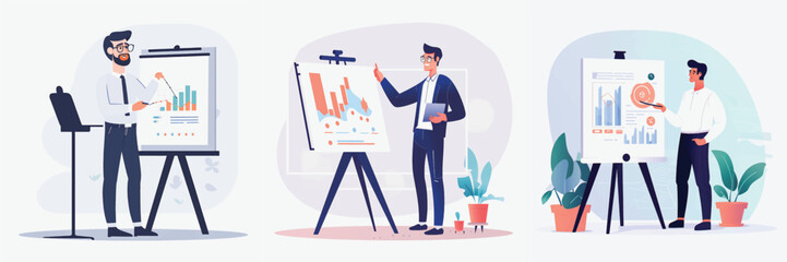 Simplified Flat Vector Art Image of a Man Presenting in Office with a White Background, Bundled for Your Convenience