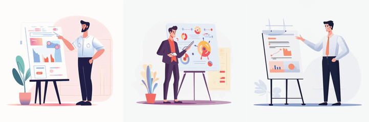 Simplified Flat Vector Art Image of a Man Presenting in Office with a White Background, Bundled for Your Convenience