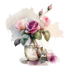 Watercolor bouqet with wild pink and white Roses in vase. Collection magenta flowers, leaves, branches. Design for greetings, card, invitation, flyer, banner.