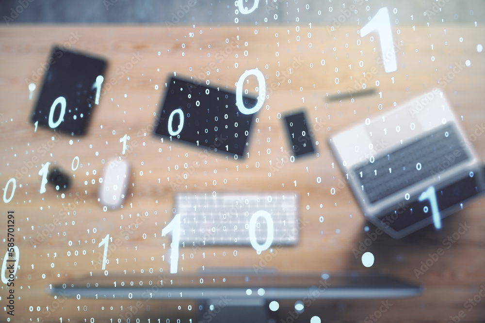 Fototapete Double exposure of creative abstract binary code hologram on laptop background. Database and programming concept