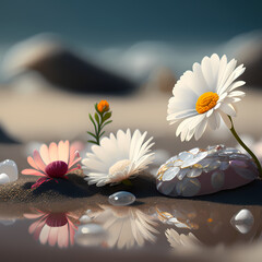 Beautiful White Daisies at Beach. Generative AI