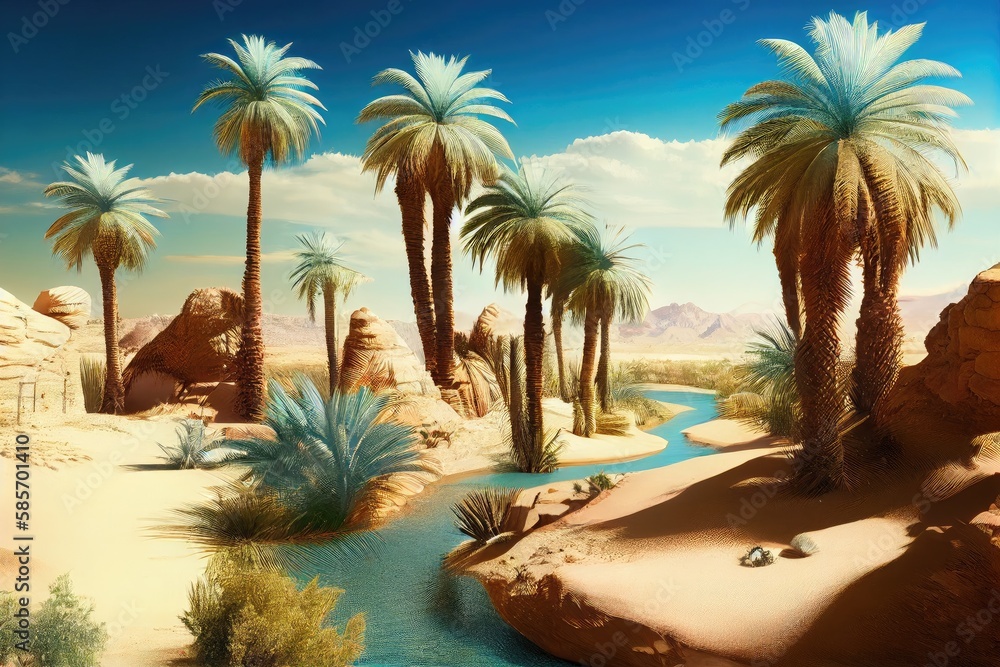 Poster desert oasis with palm trees and clear blue sky in the background, created with generative ai