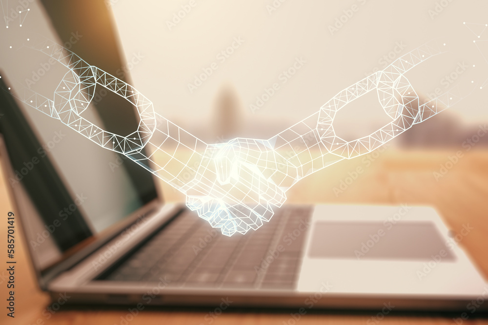 Aufkleber double exposure of blockchain technology with handshake hologram on laptop background. research and 