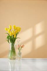 A cozy home with sunlight shining through the
windows and fresh flowers