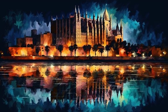 Cathedral at Night with Beautiful Illumination. Generative AI