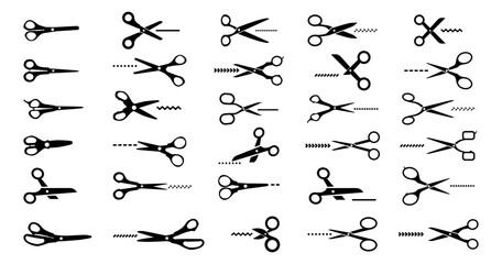 Coupon cut scissors collection. Set of black scissors icons