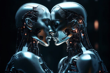 A couple of robot humanoids kissing. Romance of two artificial intelligences. ai generated