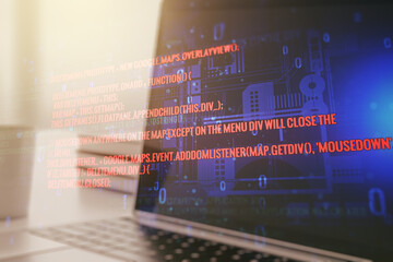 Abstract creative coding illustration on modern computer background, software development concept. Multiexposure