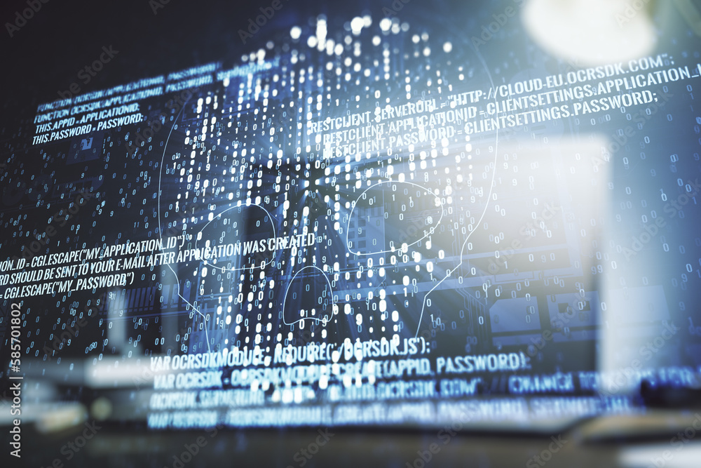 Poster creative concept of code skull illustration on modern laptop background. hacking and phishing concep