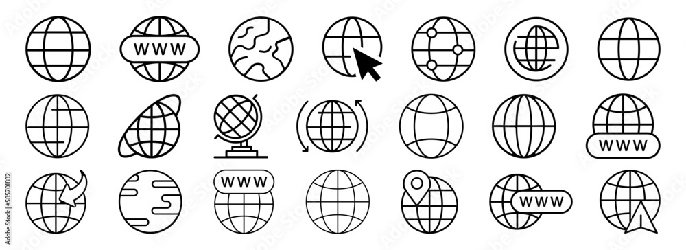 Poster set of black web globe planet icons