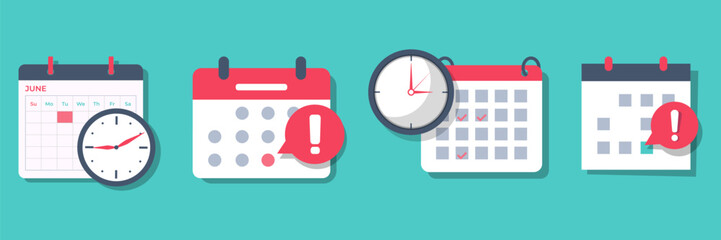 Set of deadline calendar with clock and attention icon