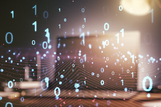 Double exposure of creative abstract binary code hologram on laptop background. Database and programming concept