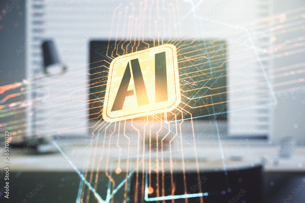 Poster double exposure of creative artificial intelligence icon with modern laptop on background. neural ne