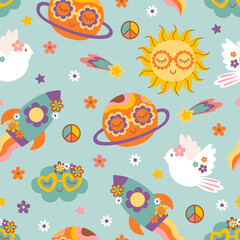 seamless pattern with retro sun, planet, rocket