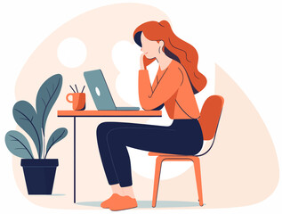 Flat vector illustration of Woman working on computer desk