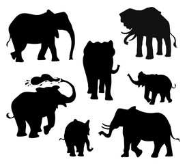 Black elephant silhouettes symbols set vector illustration isolated on white.