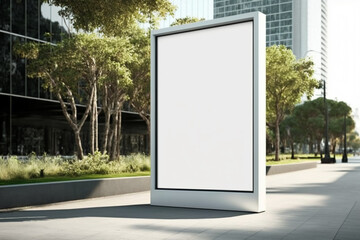 Vertical white empty LED billboard mockup outdoor. AI generative advertising banner display in the street with trees and building in the background. Digital signage for ads and promotions