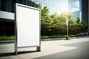 Vertical white empty LED billboard mockup outdoor. AI generative advertising banner display in the street with trees and building in the background. Digital signage for ads and promotions