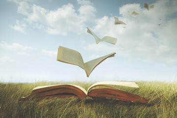 surreal pages of an open book fly free like birds in the sky - obrazy, fototapety, plakaty