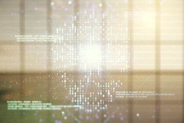 Abstract virtual creative code skull hologram on empty room interior background, theft of personal data and malware concept. Multiexposure