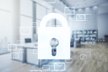 Fototapeta premium Abstract virtual lock sketch with email symbols hologram on a modern furnished office interior background, protection of personal data concept. Multiexposure
