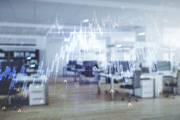 Multi exposure of virtual abstract financial chart hologram and world map on modern corporate office background, research and analytics concept