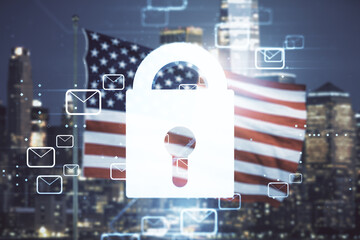 Abstract virtual lock sketch with email symbols hologram on US flag and city background, protection of personal data concept. Multiexposure