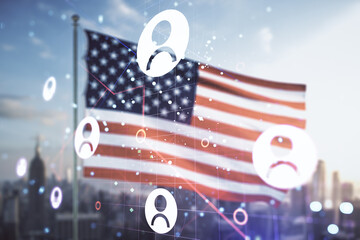 Double exposure of abstract virtual social network icons on USA flag and blurry cityscape background. Marketing and promotion concept