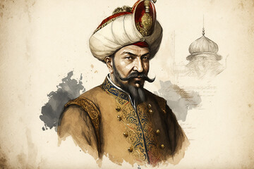 Sultan of Ottoman Empire drawing with bit of watercol. - obrazy, fototapety, plakaty