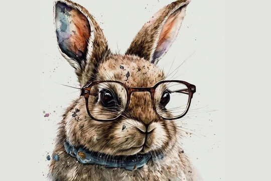 Rabbit wear glasses drawing with bit of watercolour.